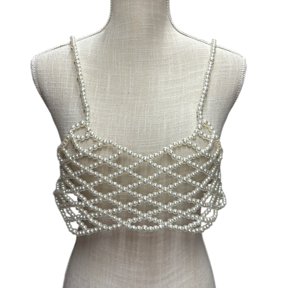 Faux Pearl Beaded Cami Crop Top Strap Tank Party Corset Clubwear Rave Womens M - Picture 1 of 5